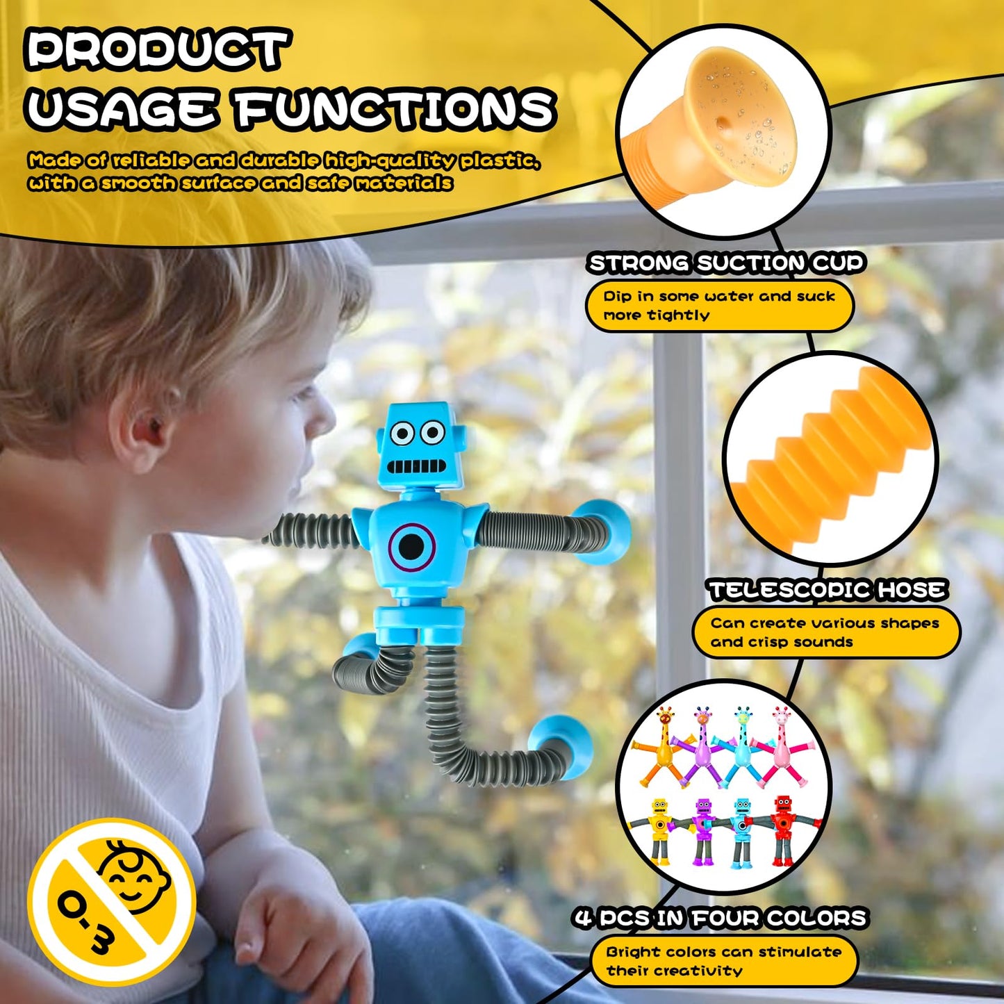 Autism Sensory Toys for Kid Boys Year Old Ages 4 5 6 7 8 9 10(4PCS), Suction Robot Toy Pop Tube Fidget Toys Autistic Travel Toys Valentine's Day Gift Easter Basket Stocking Stuffer for Kids