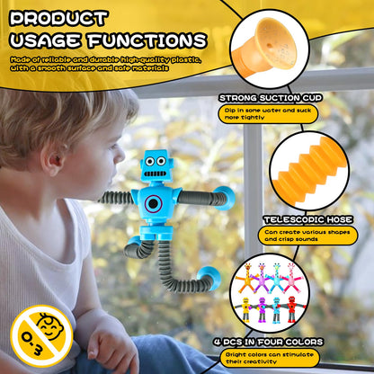 Autism Sensory Toys for Kid Boys Year Old Ages 4 5 6 7 8 9 10(4PCS), Suction Robot Toy Pop Tube Fidget Toys Autistic Travel Toys Valentine's Day Gift Easter Basket Stocking Stuffer for Kids