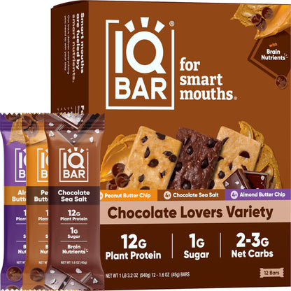 IQBAR Brain and Body Plant Protein Bars - Almond Butter Chip - 12 Count, Low Carb, High Fiber, Gluten Free, Vegan Snacks - Low Sugar Keto Energy Bars