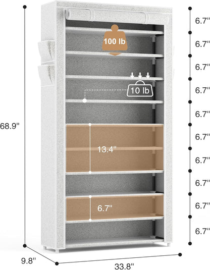 ROJASOP 10 Tier Shoe Rack with Covers Large Capacity Stackable Tall Shoe Shelf Storage for 50-55 Pairs Shoe and Boot, Sturdy Free Standing Shoe Rack Organizer for Closet, Entryway, Bedroom