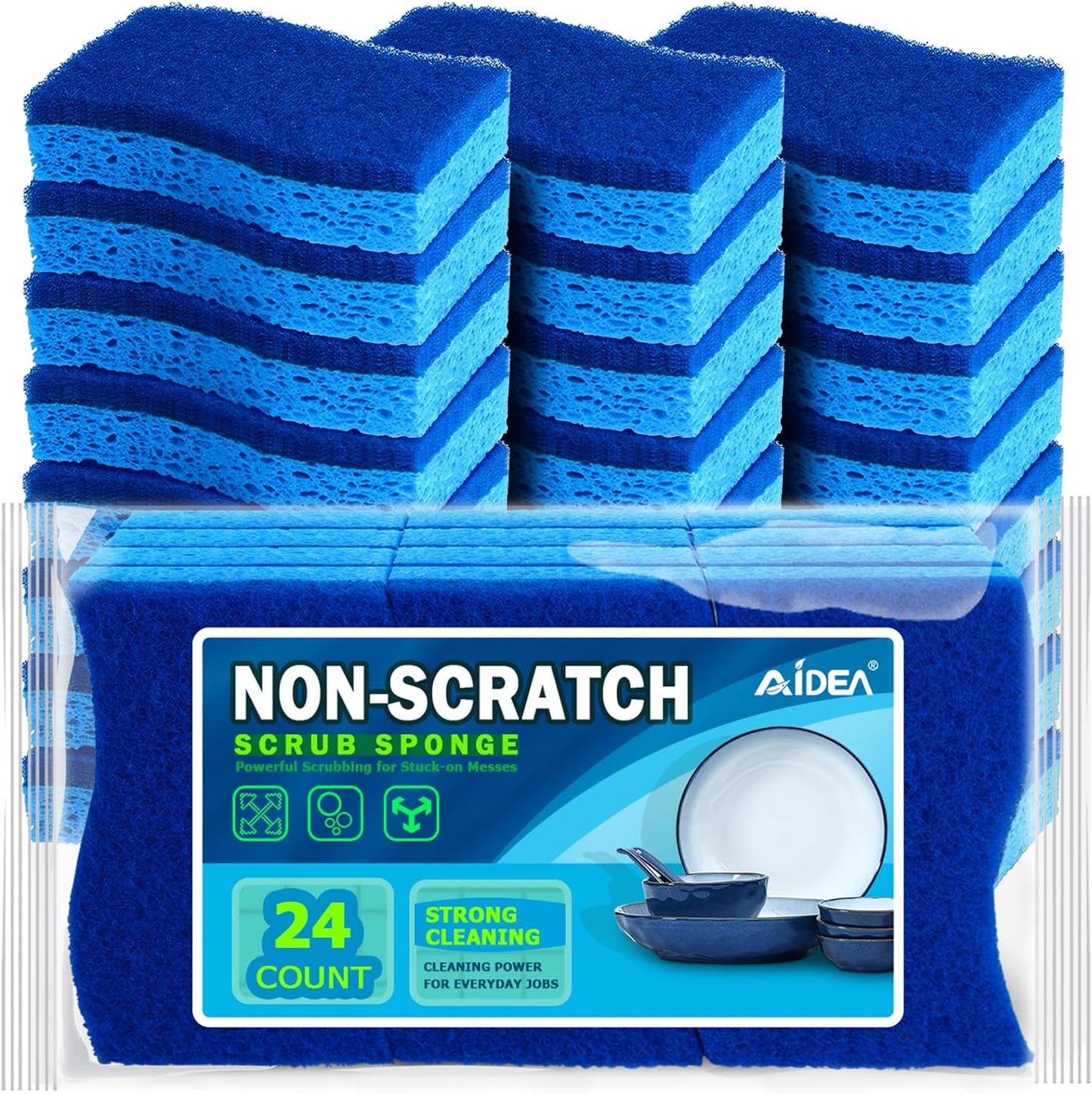 AIDEA-Brite Non-Scratch Scrub Sponge-24Count, Sponges for Dishes, Sponges Kitchen, Cleaning Sponge, Cleans Fast Without Scratching, Stands Up to Stuck-on Grime, Cleaning Power for Everyday Jobs