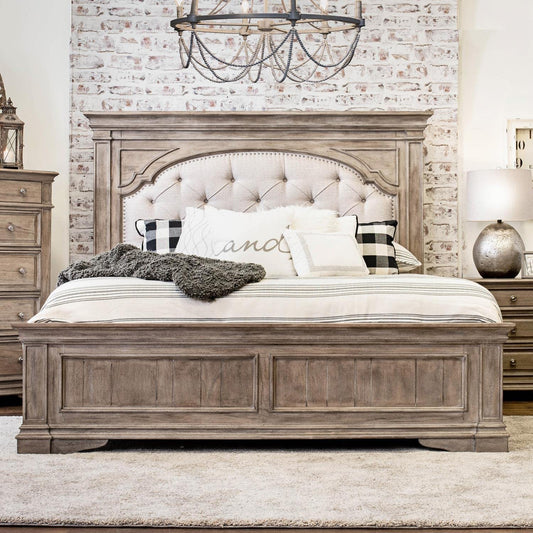 Steve Silver Company Highland Park 83.5" x 90" Farmhouse Wood & Fabric Upholstered Panel King Bed with Button Tufted Headboard, Low Vertical Planked Inset Panel Footboard, in Driftwood Gray Finish