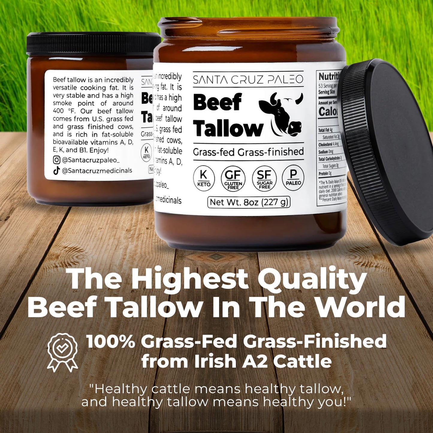 Santa Cruz Paleo Beef Tallow, 100% Grass Fed and Grass Finished, Gluten Free, Keto, Sugar Free, Paleo, With Bioavailable Vitamins B1, A, D E, and K, and Fatty Acids, 8 Oz Jar