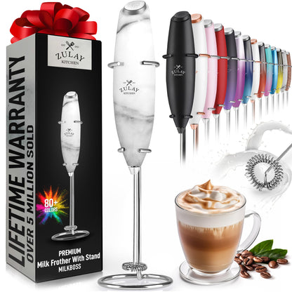 Zulay Powerful Milk Frother (4 Duracell Batteries Included) - Handheld Milk Frother Wand Drink Mixer for Coffee - Powerful Milk Foamer for Cappuccino, Frappe, Matcha & Coffee Creamer - Black