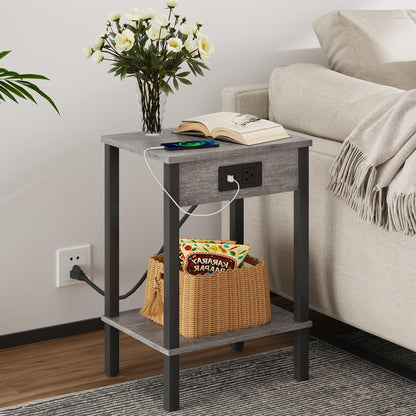 Set of 2 End Table with Charging Station, Narrow Side Table with USB Ports and Outlets, Nightstands with 2-Tier Storage Shelves, Sofa Table for Small Space Living Room Bedroom, Grey