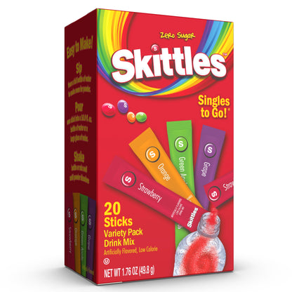 Skittles Singles To Go Variety Pack, Watertok Powdered Drink Mix, Zero Sugar, Low Calorie, Includes 4 Flavors, 1 Box (20 Single Servings) (Wild Berry)