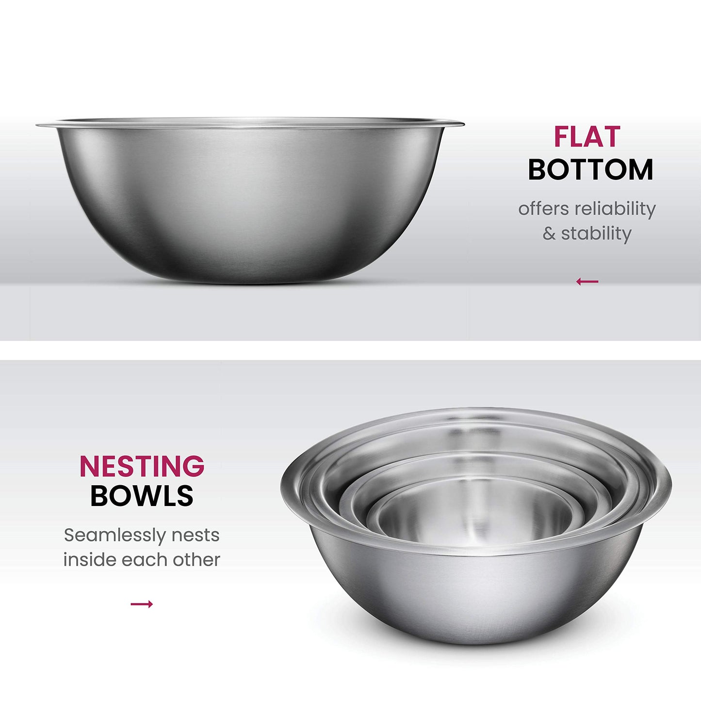 FineDine Stainless Steel Mixing Bowls Set for Kitchen, Dishwasher Safe Nesting Bowls for Cooking, Baking, Meal Prepping