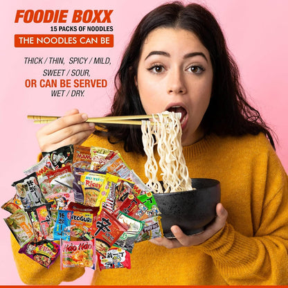 FOODIE BOXX Asian Instant Ramen Noodles Variety Pack with Cookies & Chopsticks (Dry)