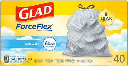 Glad Trash Bags, ForceFlex Tall Kitchen Drawstring Garbage Bags, Fresh Clean, 13 Gal, 40 Ct (Package May Vary)