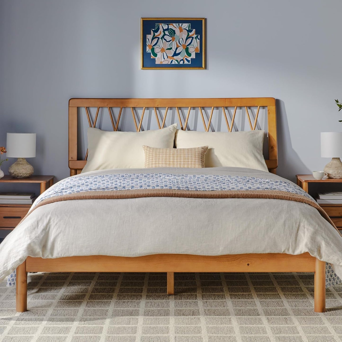 Walker Edison Queen Transitional Geometric X Pattern Headboard Solid Wood Bed, Queen Size, Caramel