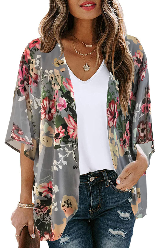 Women's Floral Print Puff Sleeve Kimono Cardigan Loose Cover Up Casual Blouse Tops