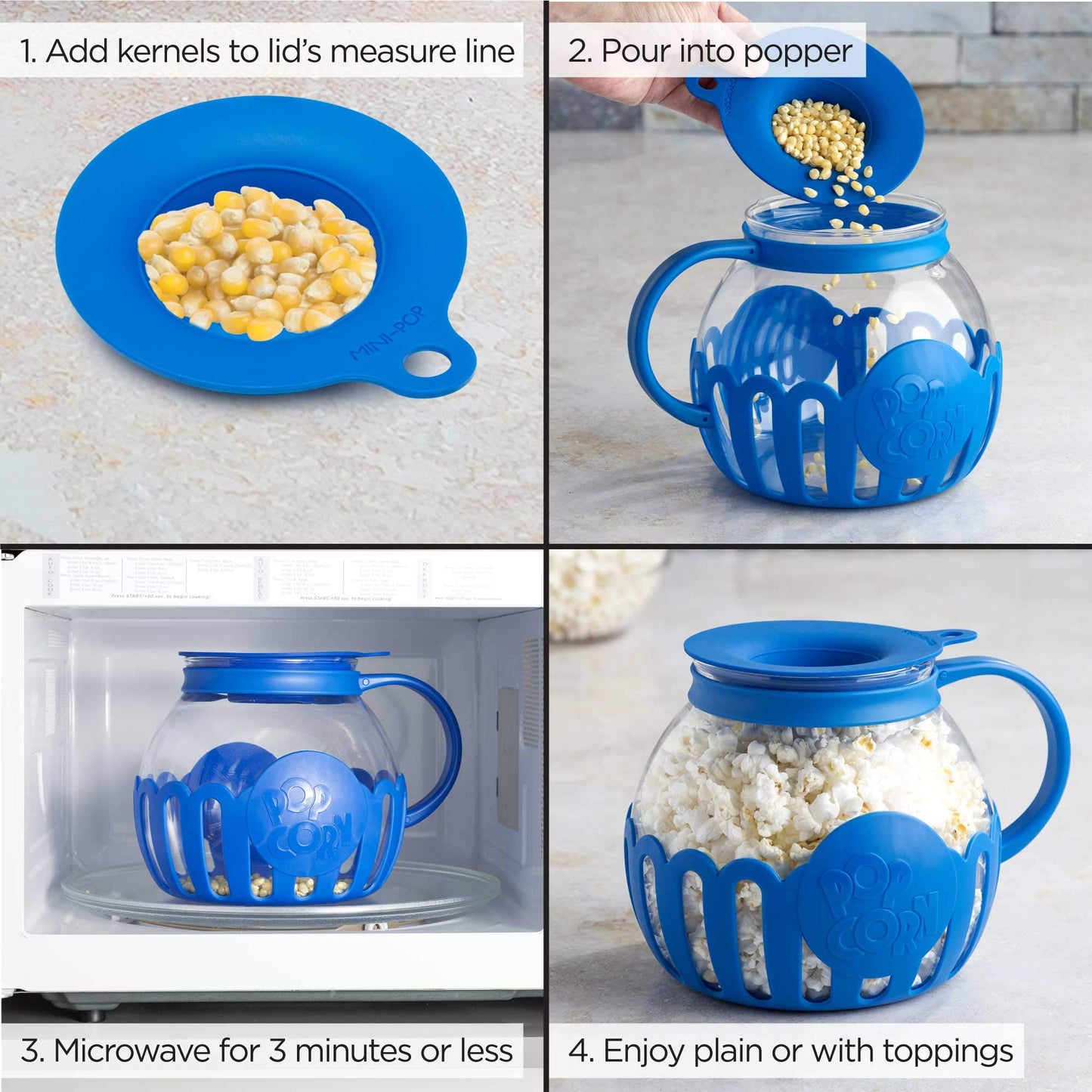 Ecolution Patented Micro-Pop Microwave Popcorn Popper with Temperature Safe Glass, 3-in-1 Lid Measures Kernels and Melts Butter, Made Without BPA, Dishwasher Safe, 3-Quart, Aqua