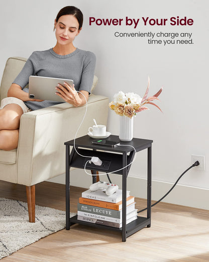 VASAGLE End Table with Charging Station, Set of 2, Small Side Tables for Living Room, Bedroom, Nightstand with Outlets and USB Ports, Bedside Table with Storage Shelf, Chestnut Brown and Black