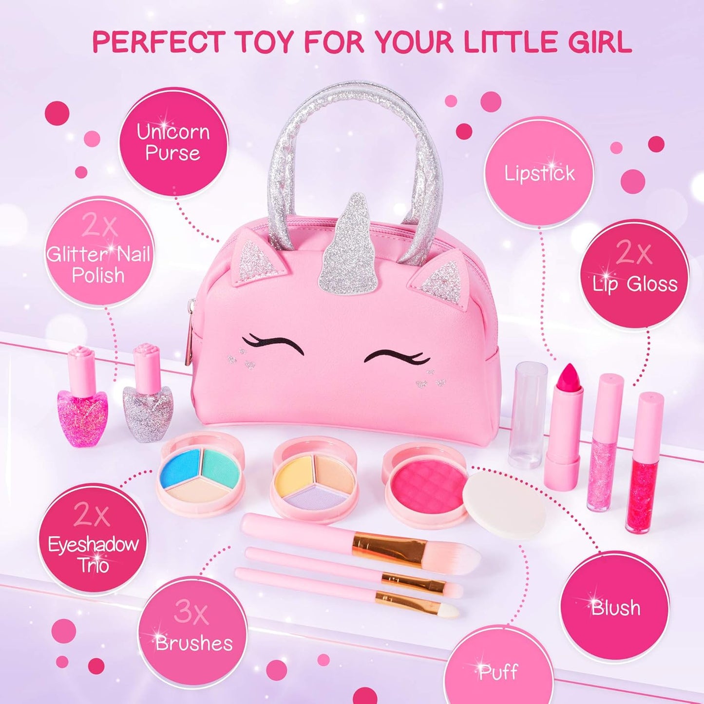 Kids Real Makeup Kit for Little Girls: with Pink Unicorn Purse - Real, Non Toxic, Washable Make Up Toy - Gift for Toddler Young Children Pretend Play Set Vanity for Ages 3 4 5 6 7 8 9 10 Years Old