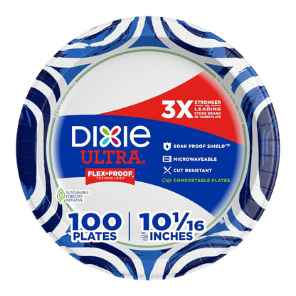 Dixie Ultra, Large Paper Plates, 10 Inch, 100 Count, 3X Stronger, Heavy Duty, Microwave-Safe, Soak-Proof, Cut Resistant, Disposable Plates For Heavy, Messy Meals