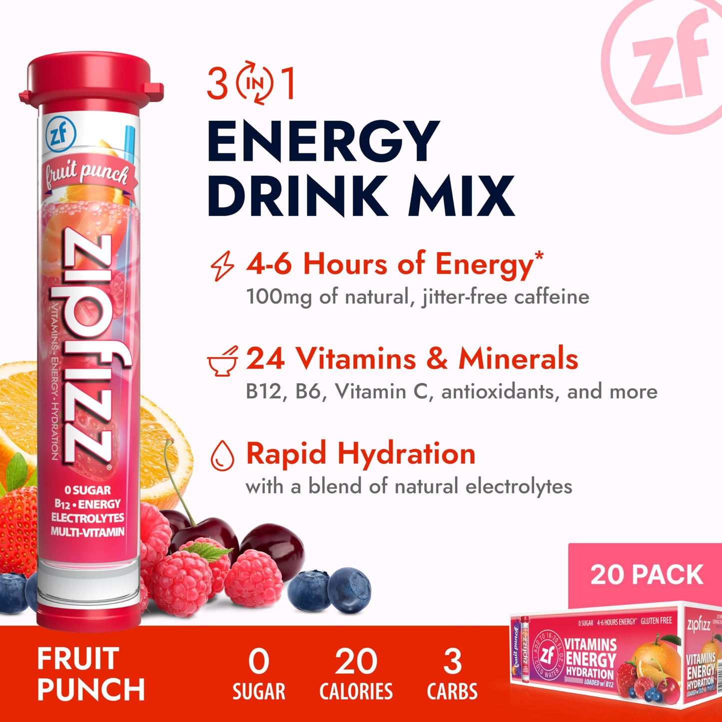 Zipfizz Energy Drink Mix, Electrolyte Hydration Powder with B12 and Multi Vitamin, Berry (12 Count)