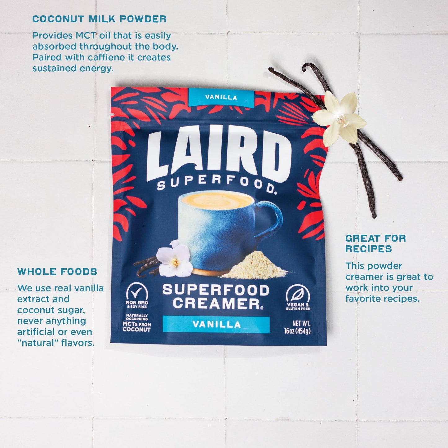 Laird Superfood Non-Dairy Superfood Creamer - Coconut Powder Coffee Creamer - Sweet & Creamy - Gluten Free, Non-GMO, Vegan - 16 oz. Bag, Pack of 1