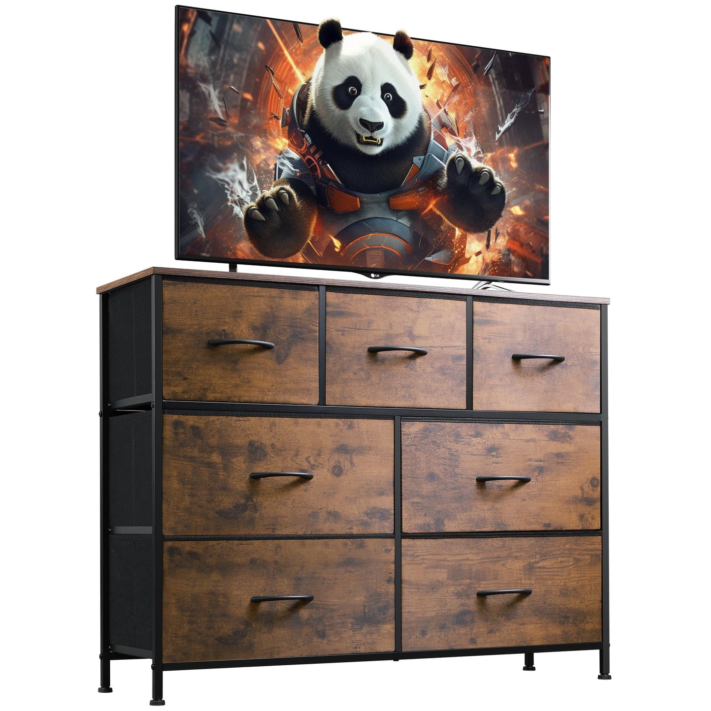 WLIVE Dresser TV Stand, Entertainment Center with Fabric Chest of Drawers for Bedroom, Media Console Table with Metal Frame and Wood Top for TV up to 45 inch, Rustic Brown Wood Grain Print