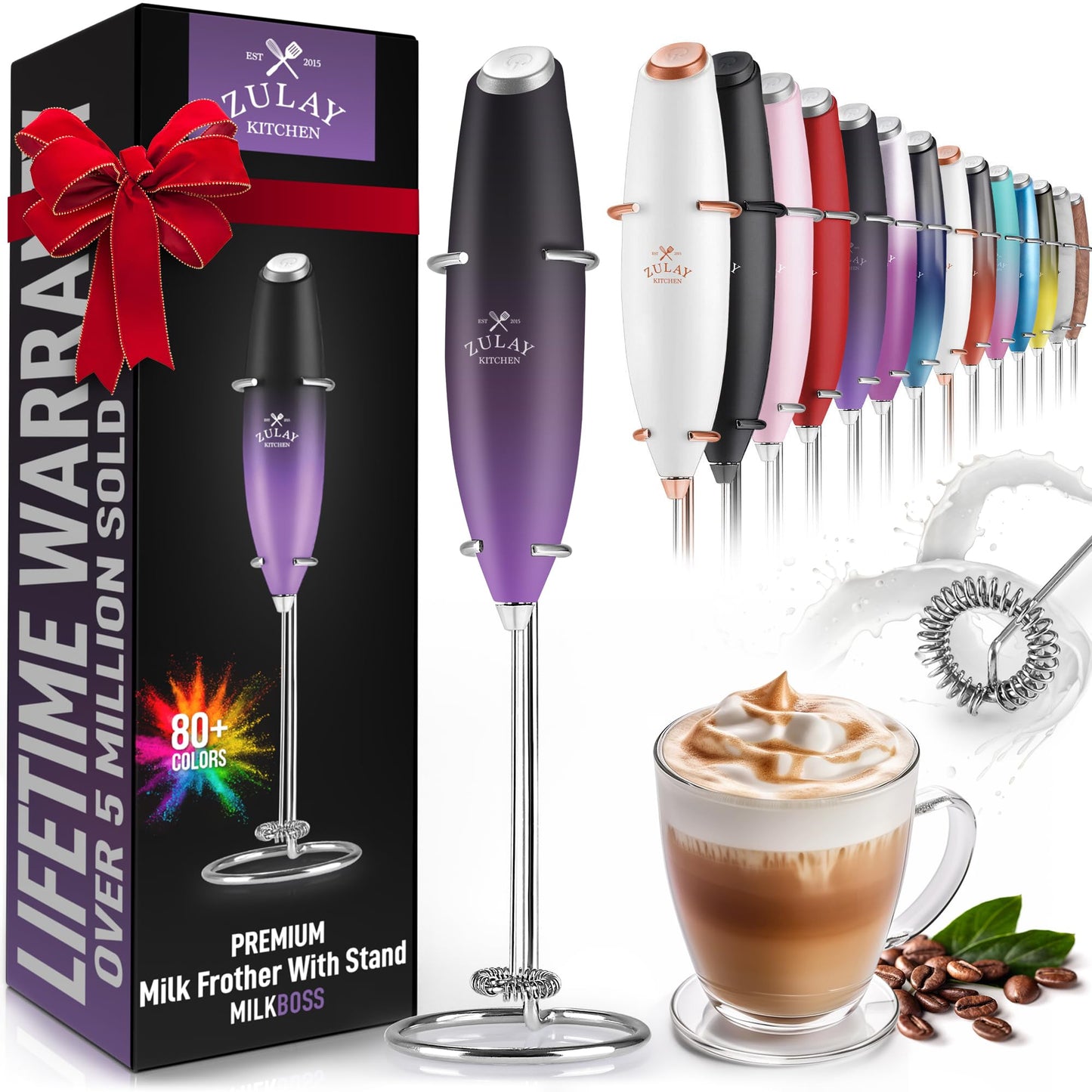 Zulay Powerful Milk Frother (4 Duracell Batteries Included) - Handheld Milk Frother Wand Drink Mixer for Coffee - Powerful Milk Foamer for Cappuccino, Frappe, Matcha & Coffee Creamer - Black