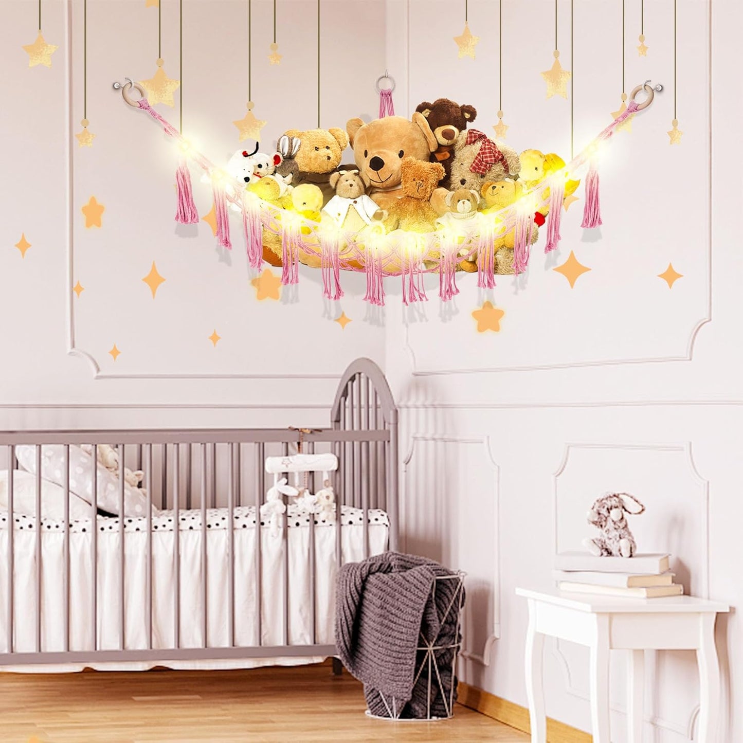 Stuffed Animal Hammock with LED Light, Toy Hammock for Stuffed Animals Storage for Kids Room Decor, Stuffed Animal Hammock Corner, Pink