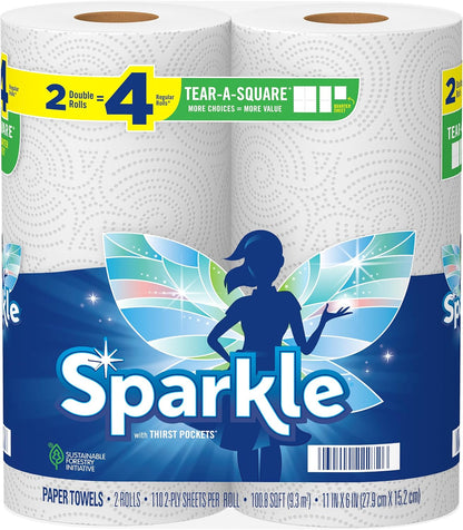 Sparkle Tear-A-Square Paper Towels, 2 Double Rolls = 4 Regular Rolls, Customizable Sheet Size Paper Towel