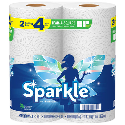 Sparkle Tear-A-Square Paper Towels, 2 Double Rolls = 4 Regular Rolls, Customizable Sheet Size Paper Towel