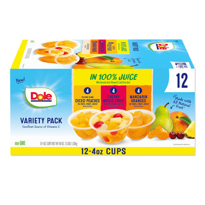 Dole Fruit Bowls No Sugar Added Variety Pack Snacks, Peaches, Mandarin Oranges & Cherry Mixed Fruit, 4oz 12 Cups, Gluten & Dairy Free, Bulk Lunch Snacks for Kids & Adults