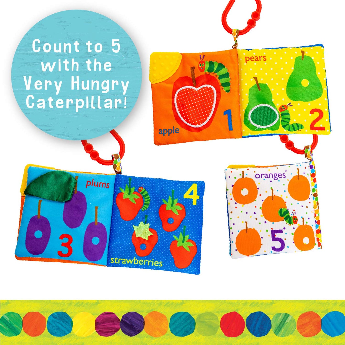 Let's Count Soft Book - World of Eric Carle the Very Hungry Caterpillar Baby on the Go Clip Teething Crinkle Soft Sensory Book for Babies, 5.25x5.25 Inch