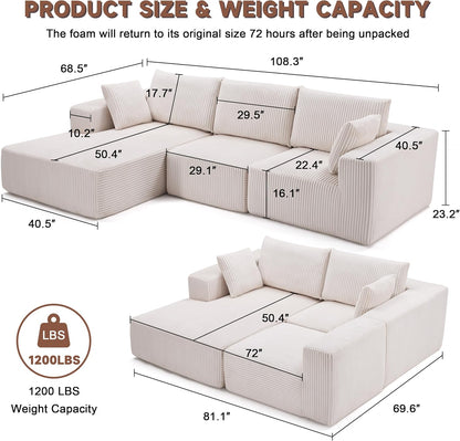 108” Modular Sectional Sofa, Sponge Sectional Sofa Couch for Living Room, Modular L-Shape Sofa Couch with Chaise, Beige