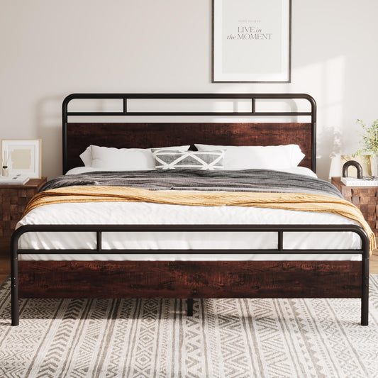 Allewie King Size Platform Bed Frame with Wooden Headboard and Footboard, Heavy Duty 13 Metal Slats Support, Under Bed Storage, No Box Spring Needed, Noise Free, Easy Assembly, Mahogany