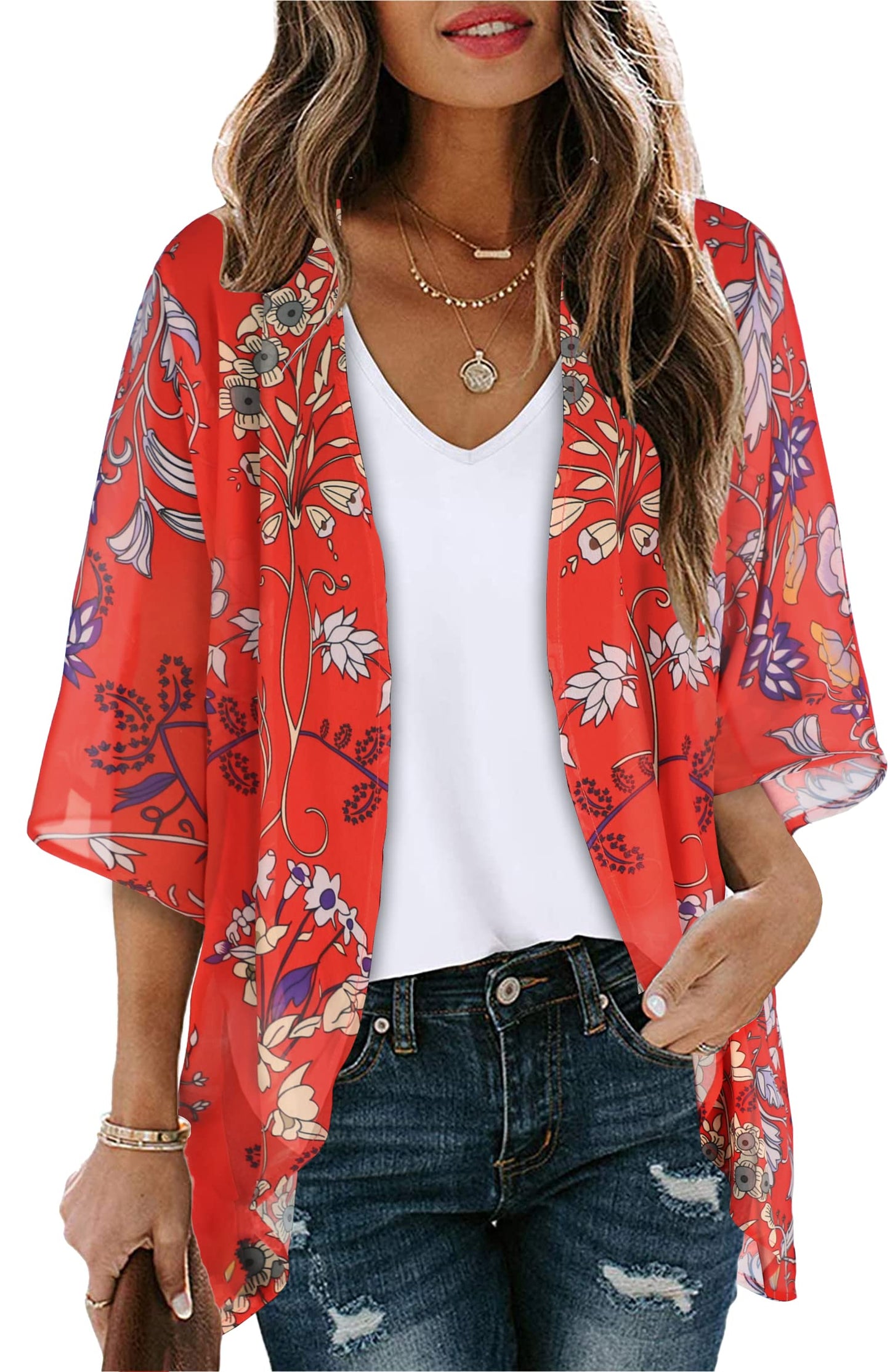 Women's Floral Print Puff Sleeve Kimono Cardigan Loose Cover Up Casual Blouse Tops