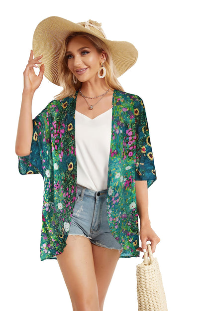 Women's Floral Print Puff Sleeve Kimono Cardigan Loose Cover Up Casual Blouse Tops