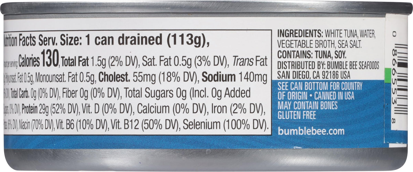 Bumble Bee Solid White Albacore Tuna in Water, 5 oz Can (Pack of 8) - Wild Caught Tuna - 29g Protein per Serving, High in Omega-3s - Non-GMO Project Verified, Gluten Free, Kosher