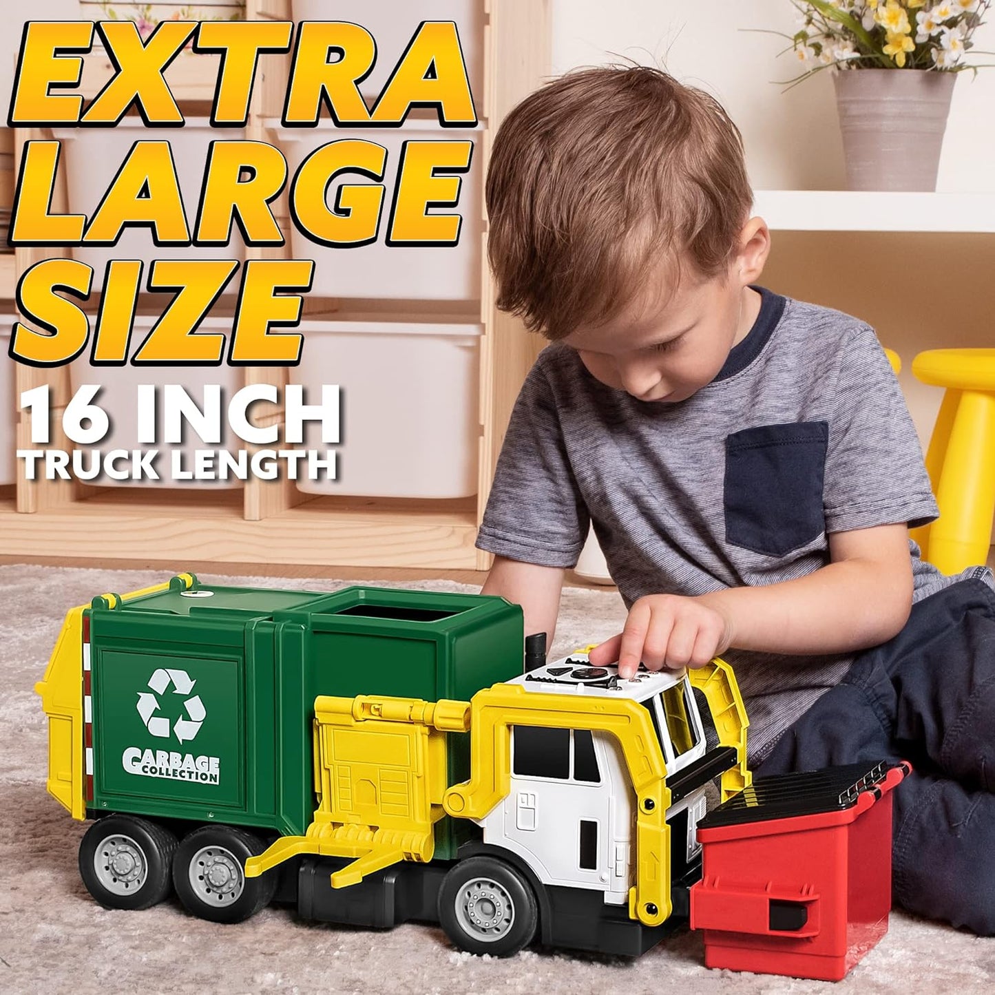 JOYIN Large Friction Powered Garbage Truck Toy Set, Includes Dumpster, Trash Bins, and Learning Cards for Kids