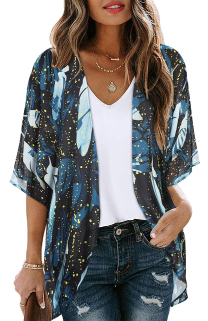 Women's Floral Print Puff Sleeve Kimono Cardigan Loose Cover Up Casual Blouse Tops