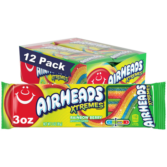 Airheads Xtremes Belts Sweetly Sour Candy Halloween Treat Non Melting Bulk Movie Theater and Party Bag, Rainbow Berry, 36 Ounce, Pack of 12