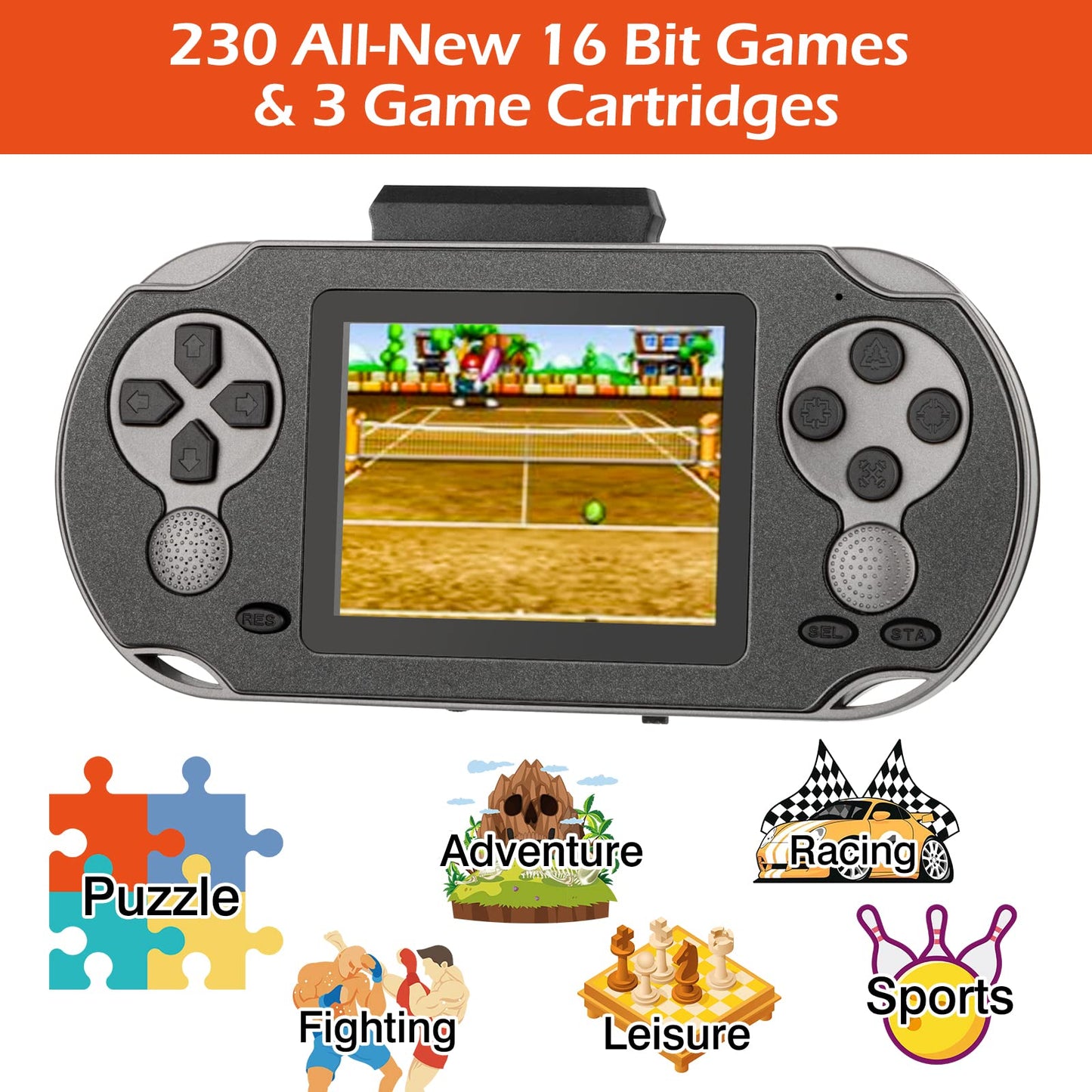 16 Bit Handheld Game Console for Kids Adults, 3.0'' Large Screen Preloaded 230 HD Classic Retro Video Games with USB Rechargeable Battery & 3 Game Cartridges for Birthday Gift for Kids 4-12