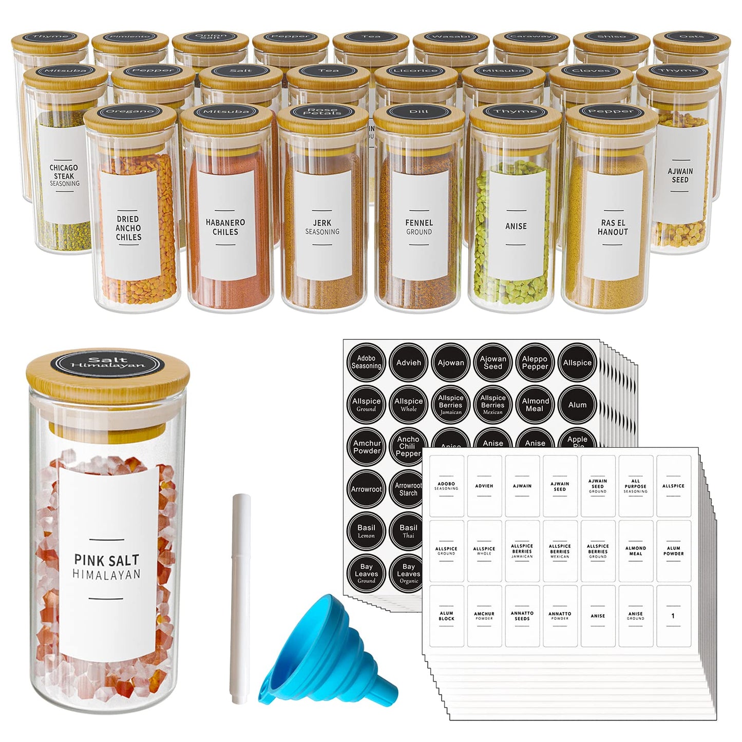 SpaceAid 24 Pcs Spice Jars with Bamboo Lids and Labels, Empty 4oz Glass Bottles, Minimalist Farmhouse Stickers with Funnel, Seasoning Containers for Spice Rack, Cabinet and Drawer