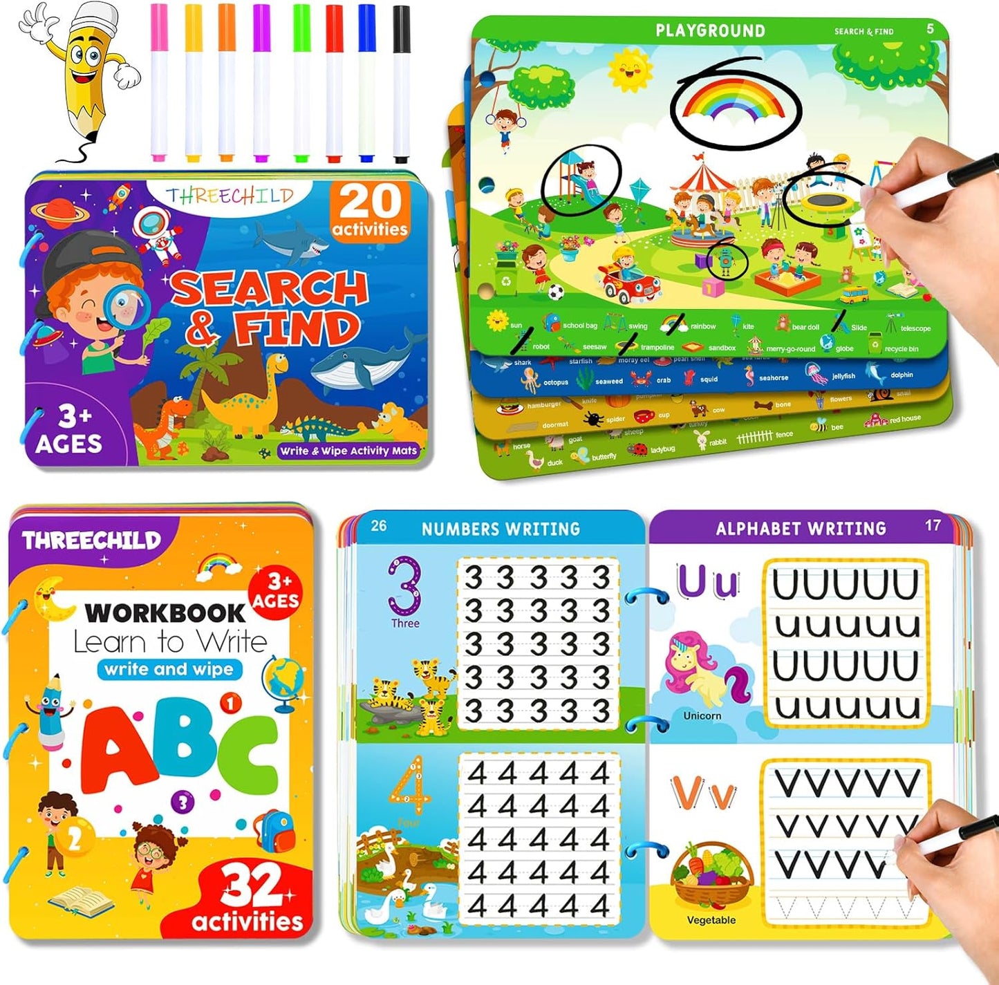 Preschool Learning Activities Workbook Toys for Kids - [2-Pack] Educational Kindergarten Busy Books for Handwriting Practice, Search and Find Games - Gifts for Toddlers Prek Ages 3, 4, 5, 6 year old