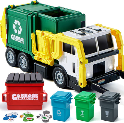 JOYIN Large Friction Powered Garbage Truck Toy Set, Includes Dumpster, Trash Bins, and Learning Cards for Kids