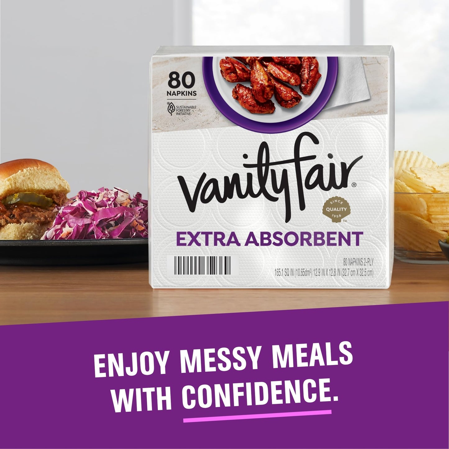 Vanity Fair Extra Absorbent Premium Paper Napkins, 80 Count, Disposable Napkins Made Soft And Strong For Messy Meals And Everyday Use