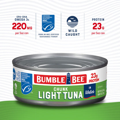 Bumble Bee Chunk Light Tuna In Water, 5 oz Cans (Pack of 24) - Wild Caught Skipjack Tuna - 23g Protein Per Serving - MSC Certified Sustainable Seafood, Non-GMO, Gluten Free, Kosher