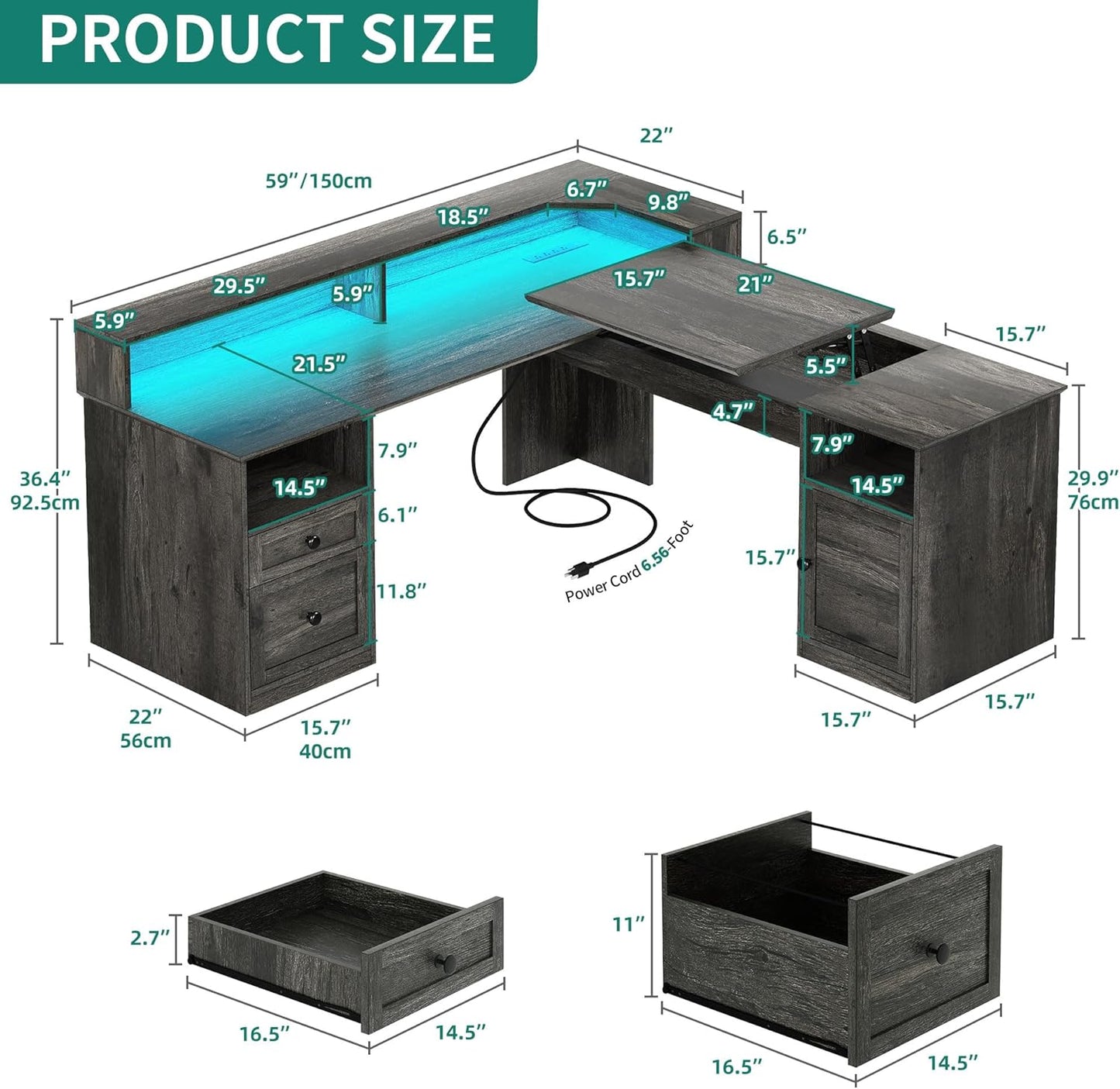 YITAHOME L Shaped Desk with Power Outlets & LED Lights, 60” Corner Computer Desk with Drawers & Lift Top, Home Office Desk with Monitor Stand & File Cabinet, Wood Height Adjustable Desk, Grey