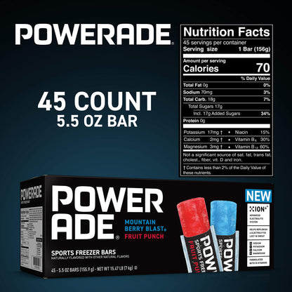 POWERADE Sports Freezer Bars, Giant Sized 5.5 oz Refreshing Ice Pops with Electrolytes B Vitamins – Naturally Flavored, Mountain Berry Blast and Fruit Punch, 45 Total Freezer Bars