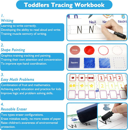 Handwriting Practice Book for kids, Toddlers Preschool Learning Activity 40 Pages Autism Educational Montessori Toys Learn Number Letters Shapes Animal & Sight Words Workbook with 8 Dry Erase Markers