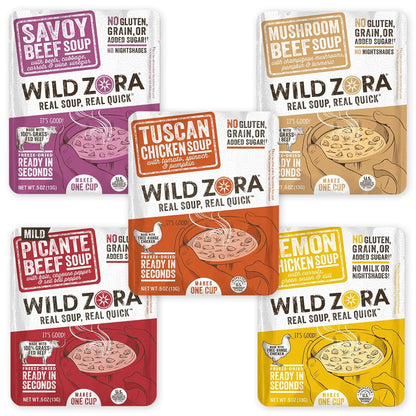 Wild Zora Instant Keto-Friendly Soups 5-Pack Variety, Broth Made with Grass-Fed Beef, Free-Range Chicken, and Vegetables, Gluten-Free, Low Carb, No Added Sugar, Flavorful Pantry Staples - 0.5oz/13g