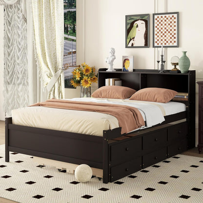 Full Size Bed Frame with Bookcase Headboard,Captain’s Bed Full with Trundle and Drawers for Kids,Trundle Bed with Storage for Teens,Adults(Full,Espresso)