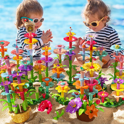 TEMI 138 PCS Educational STEM Toy and Preschool Garden Play Set for Kids Age 3-7, Flower Stacking Toys for Boys and Girls