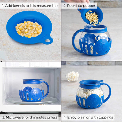 Ecolution Patented Micro-Pop Microwave Popcorn Popper with Temperature Safe Glass, 3-in-1 Lid Measures Kernels and Melts Butter, Made Without BPA, Dishwasher Safe, 3-Quart, Aqua