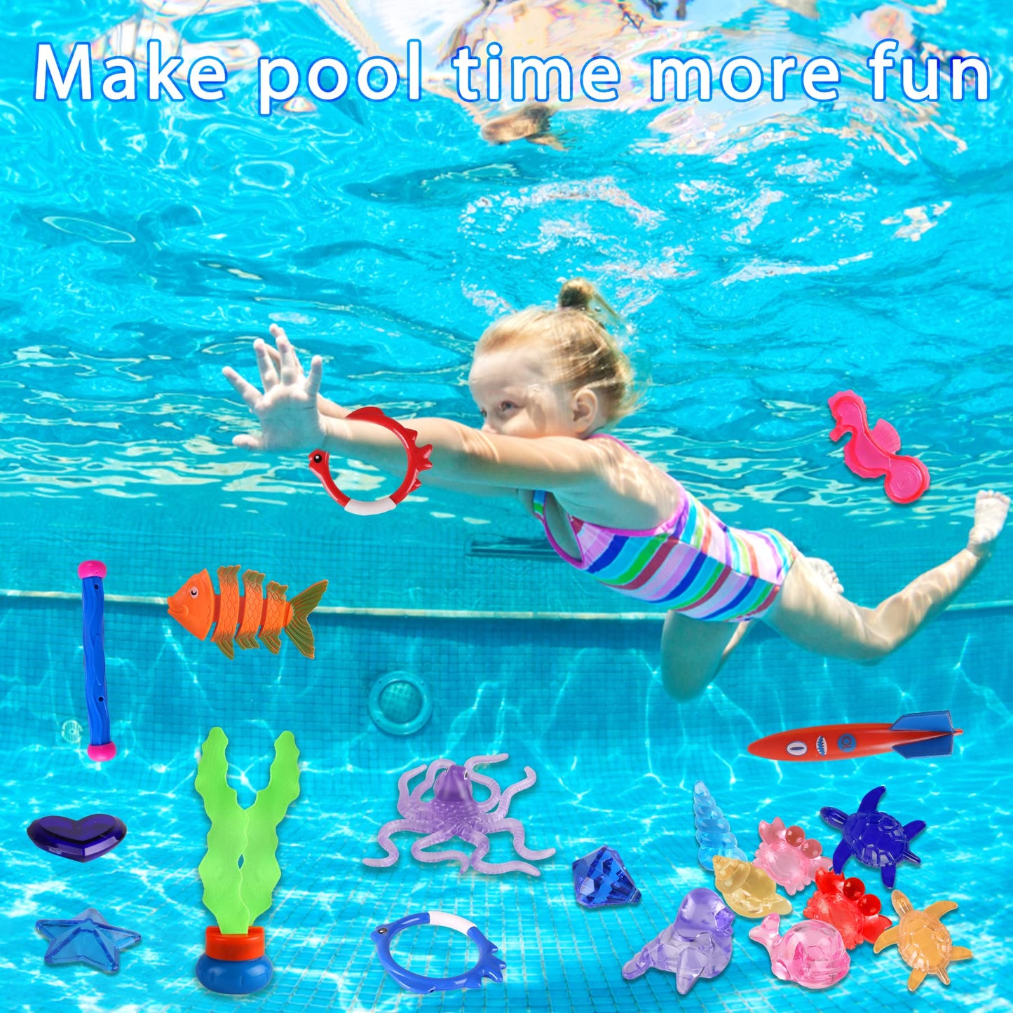 30 Packs Summer Pool Diving Swimming Essentials Toys for Kids, Fun Swim Games Sinking Set, Underwater Dive Gifts with Storage Bag Include Torpedo Gems Shark Rings Sea Animals for Boys Girls Toddlers